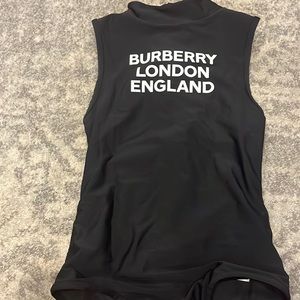 Kids black Burberry one piece swim suit.